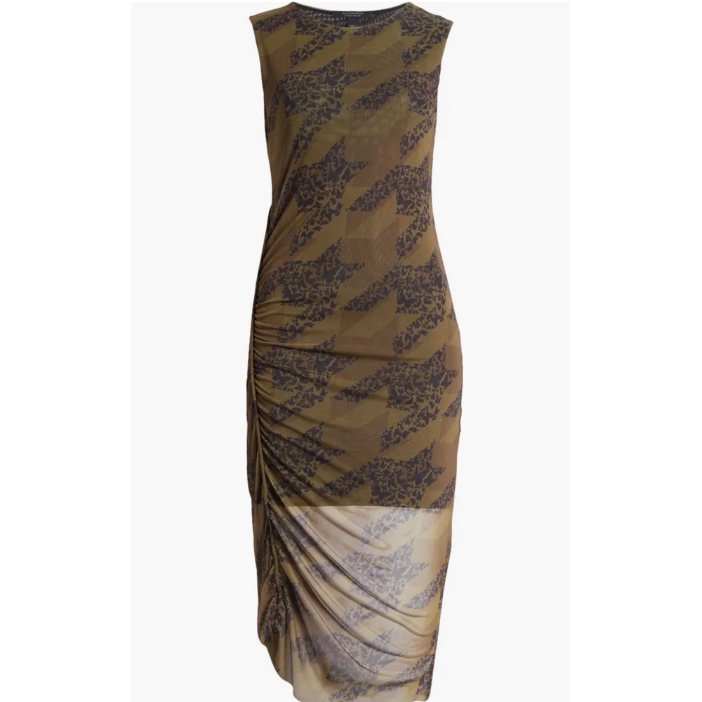 AllSaints Women Olive Green Mesh Houndstooth Floral Ruched Midi Dress US 10 - Picture 3 of 7